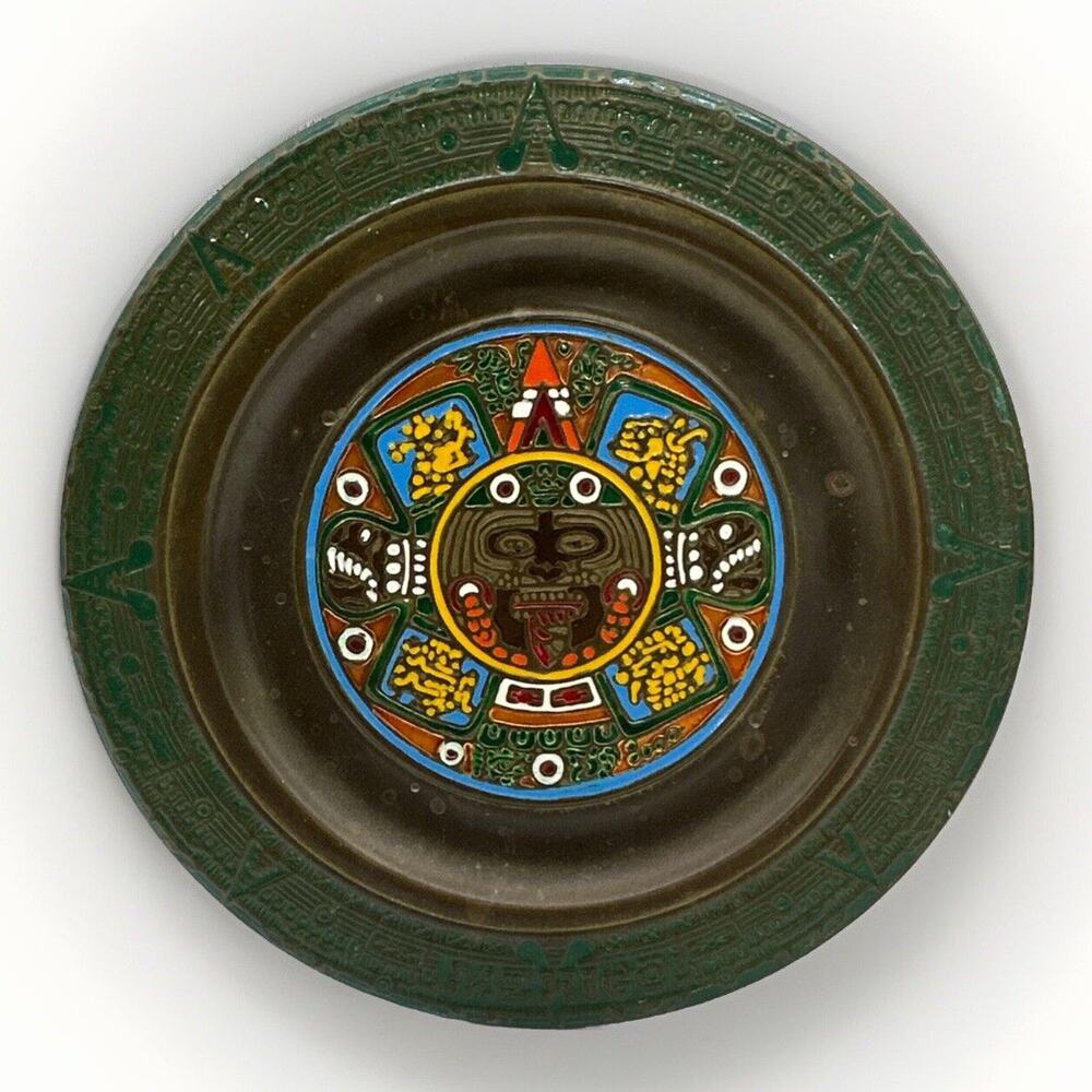 Vintage Mexican Enamel on Copper Aztec Sun Stone Calendar Decorative Plate